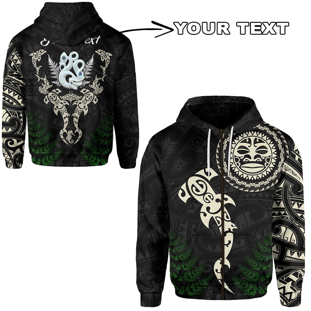 Custom Aotearoa Fern Zip Hoodie Maori Manaia and Fish LT13 Unisex Black - Polynesian Pride