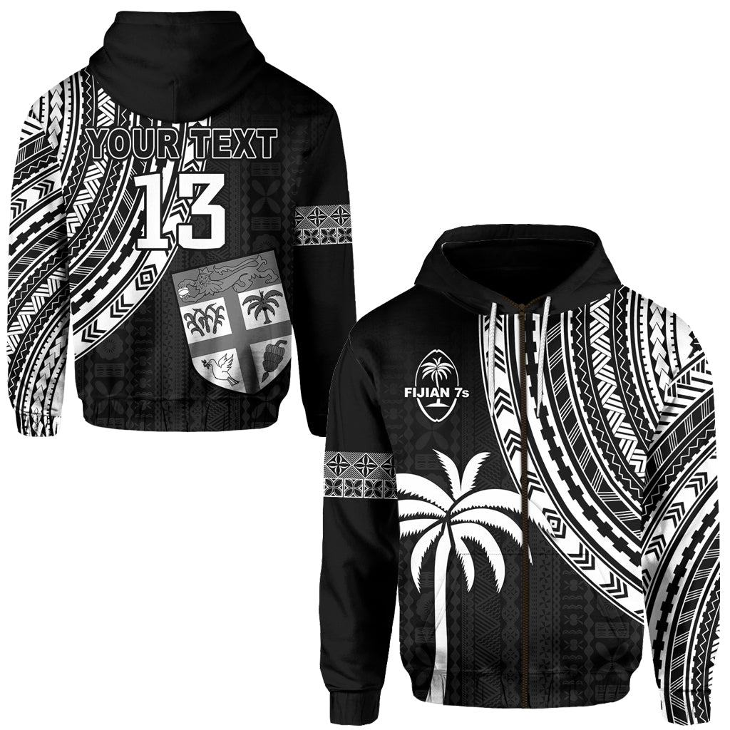 Custom Fiji Rugby Sevens Zip Hoodie Fijian 7s Tapa Polynesian Custom Text and Number LT13 Unisex Black - Polynesian Pride