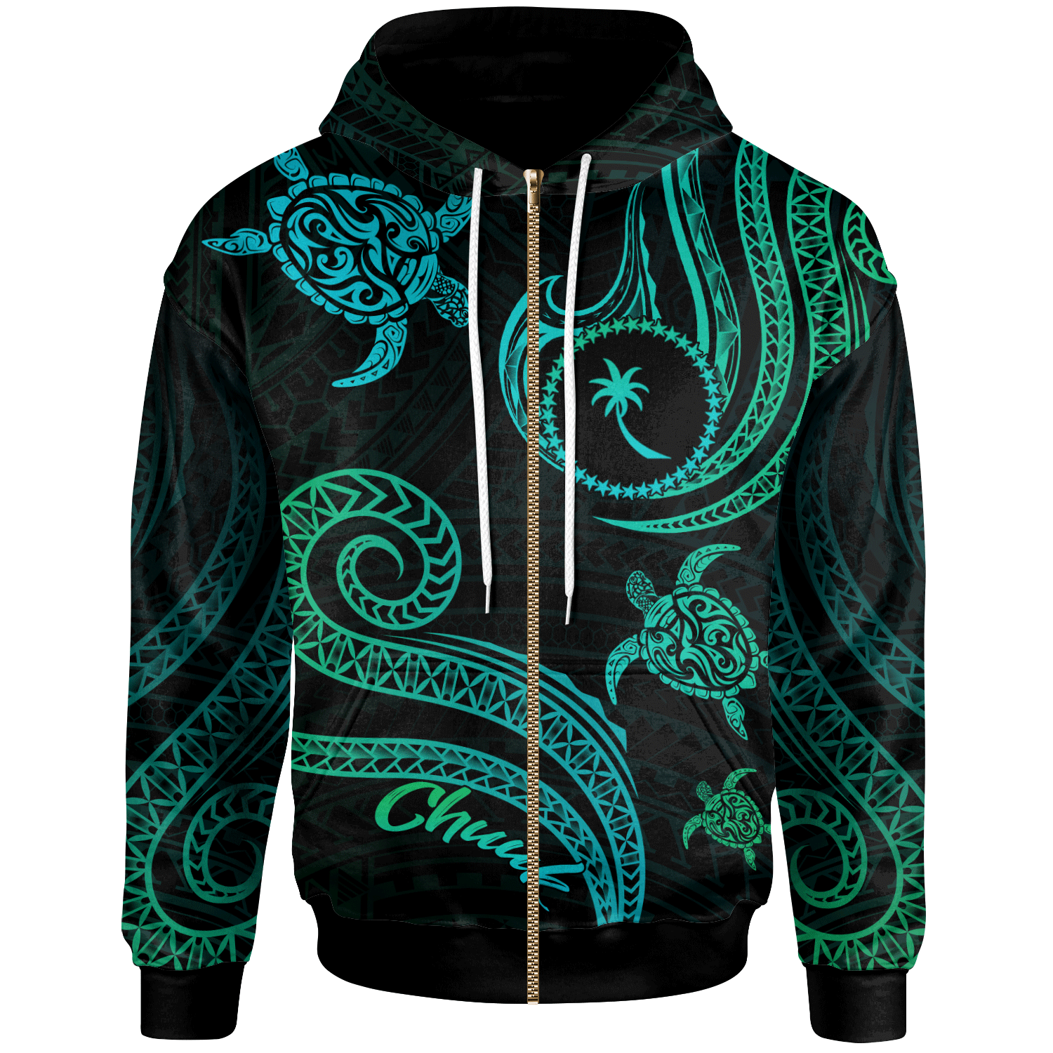 Chuuk Zip Hoodie Polynesian Turtle With Pattern Unisex Blue Green - Polynesian Pride