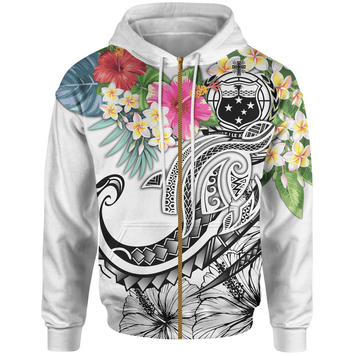 Polynesian Samoa Zip up Hoodie Summer Plumeria (White) Unisex White - Polynesian Pride