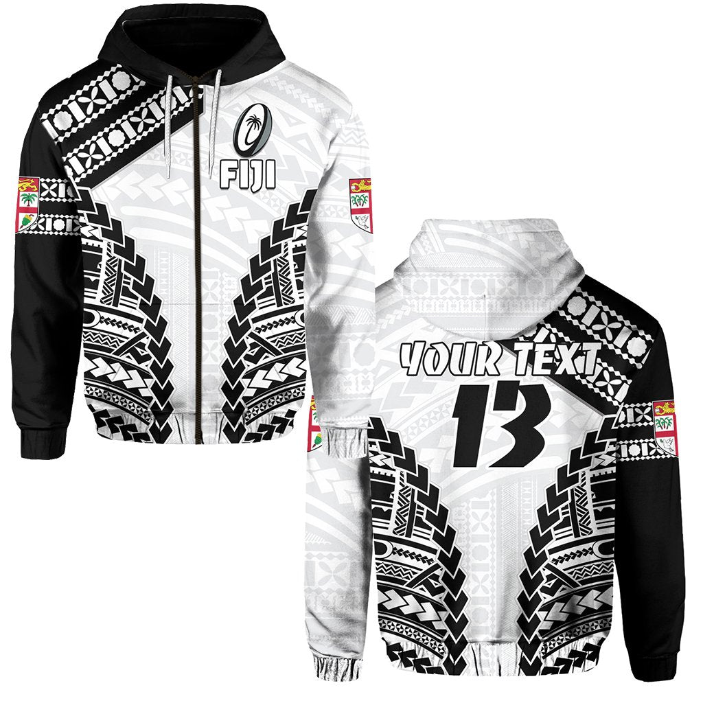 Custom Fiji Rugby Zip Hoodie Fresh Custom Text and Number Unisex White - Polynesian Pride