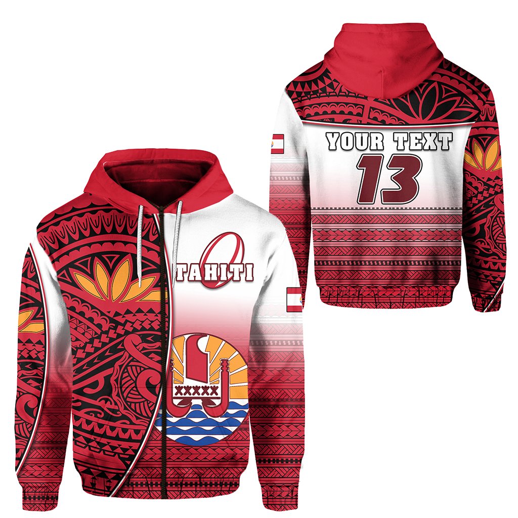 Custom Tahiti Rugby Zip Hoodie Impressive Custom Text and Number Unisex Red - Polynesian Pride