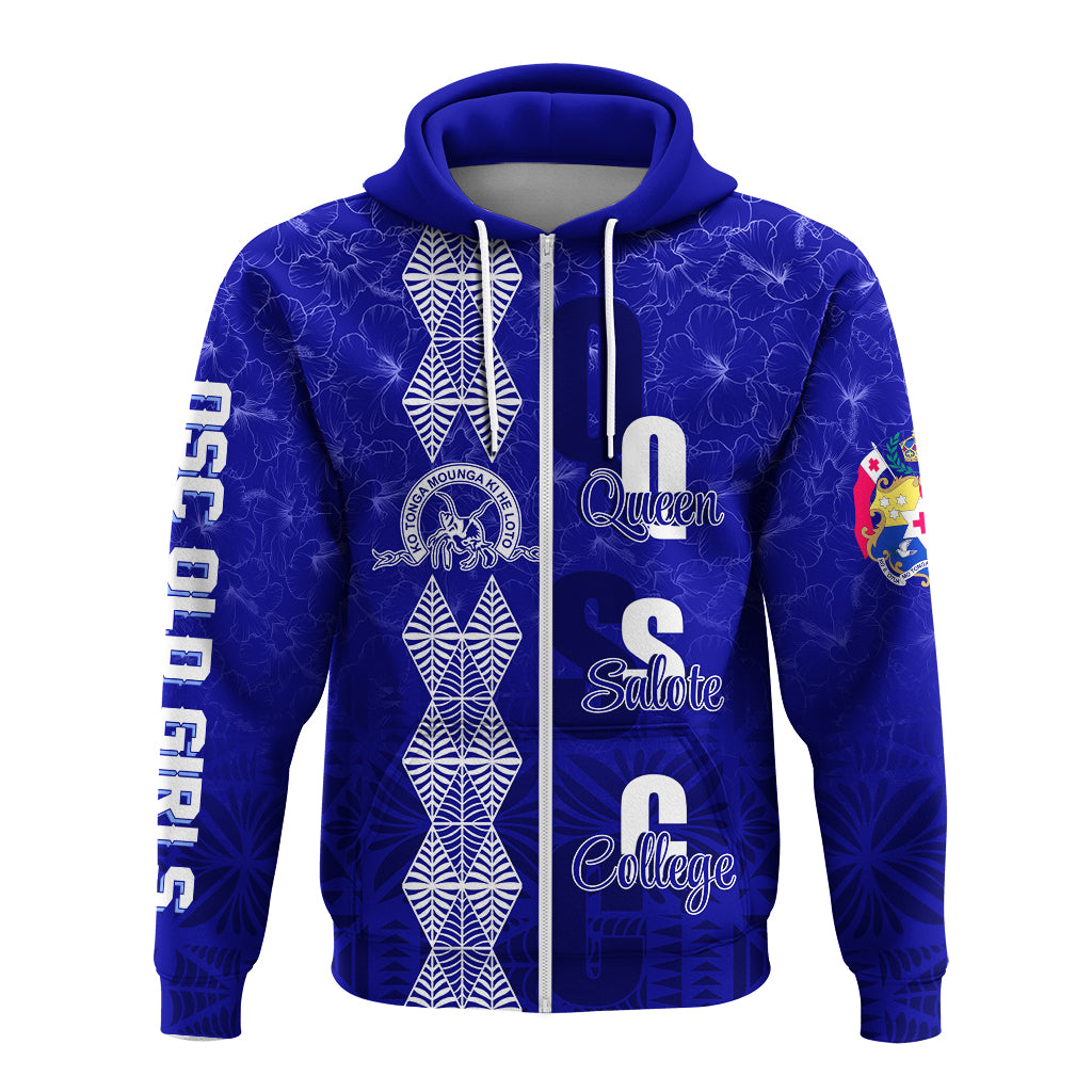 Custom Tonga Kolisi Kuini Salote Hibiscus Zip Hoodie QSC Old Girls LT7 Unisex Blue - Polynesian Pride