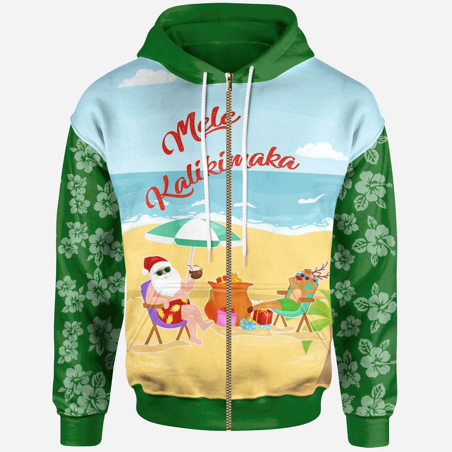 Mele Kalikimaka Zip Hoodie Santa Claus and Reindeer On The Beach Green Color Unisex Green - Polynesian Pride