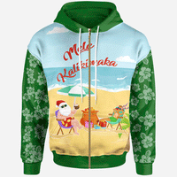 Mele Kalikimaka Zip Hoodie Santa Claus and Reindeer On The Beach Green Color Unisex Green - Polynesian Pride