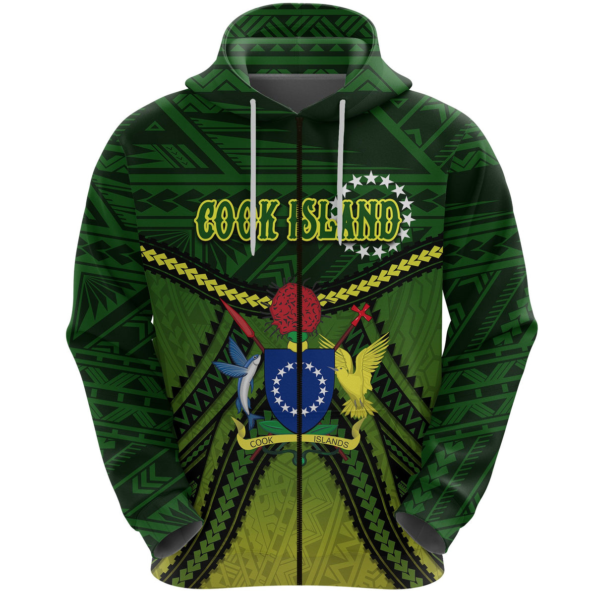 Cook Islands Zip Hoodie Polynesian Tattoo Seashore Unisex Green - Polynesian Pride
