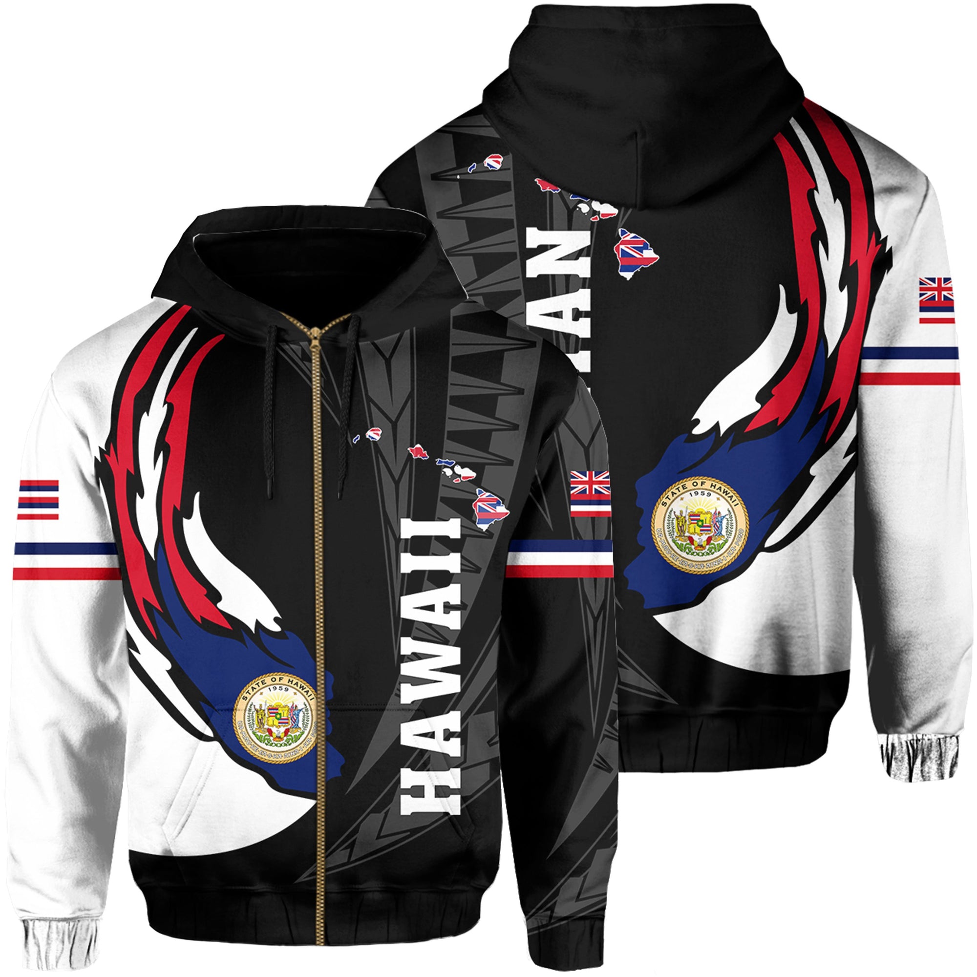 Hawaii Polynesian Coat of Arms Hoodie Zip Ball Style Ver 2.0 Unisex Black - Polynesian Pride