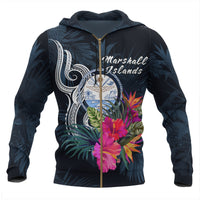 Marshall Islands Polynesian Zip up Hoodie Tropical Flower Unisex Blue - Polynesian Pride