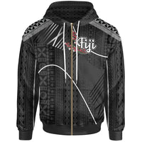 Fiji Zip Hoodie Fiji Flowers With Seal Unisex Black - Polynesian Pride