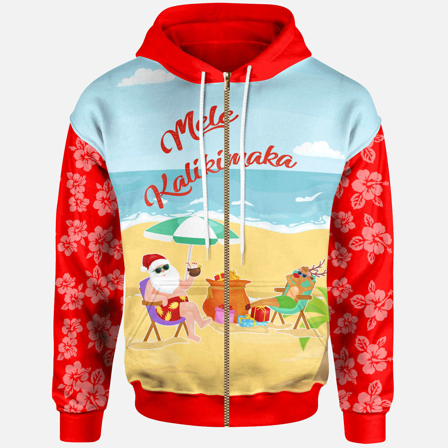 Mele Kalikimaka Zip Hoodie Santa Claus and Reindeer On The Beach Red Color Unisex Red - Polynesian Pride
