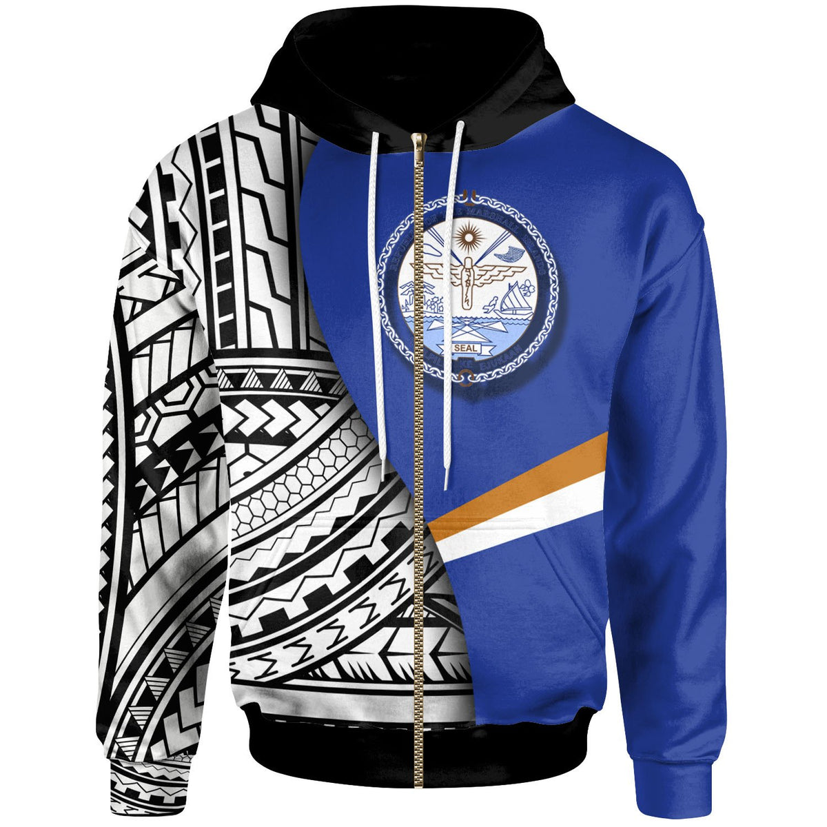 Marshall Islands Zip up Hoodie Coat of Arm and Polynesian Patterns Unisex Blue - Polynesian Pride