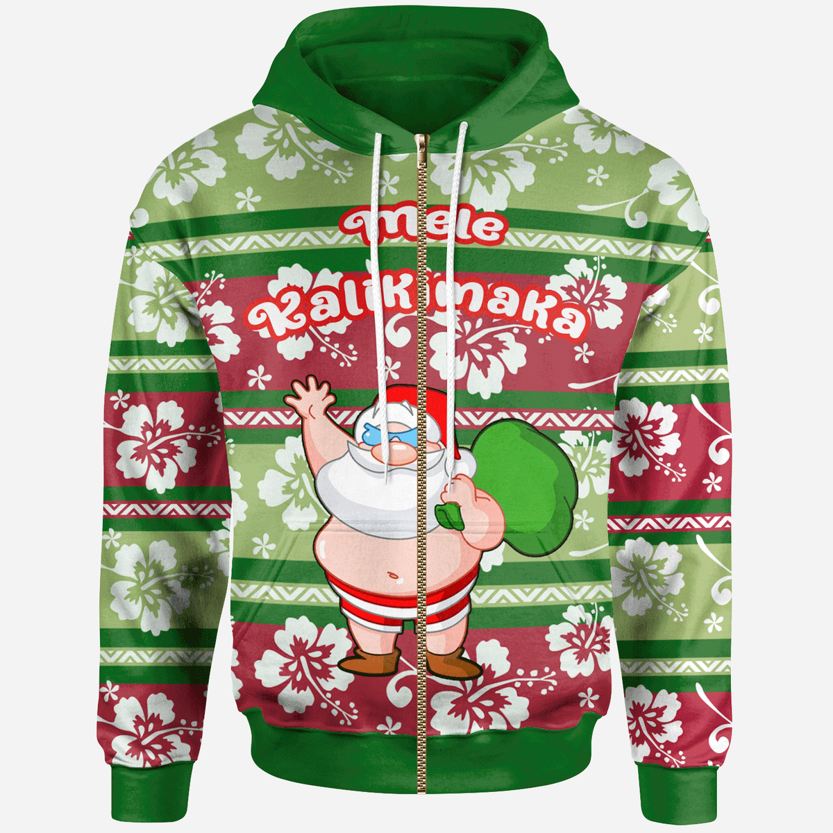 Mele Kalikimaka Zip Hoodie Santa Claus and Gift Bags Unisex Green Red - Polynesian Pride