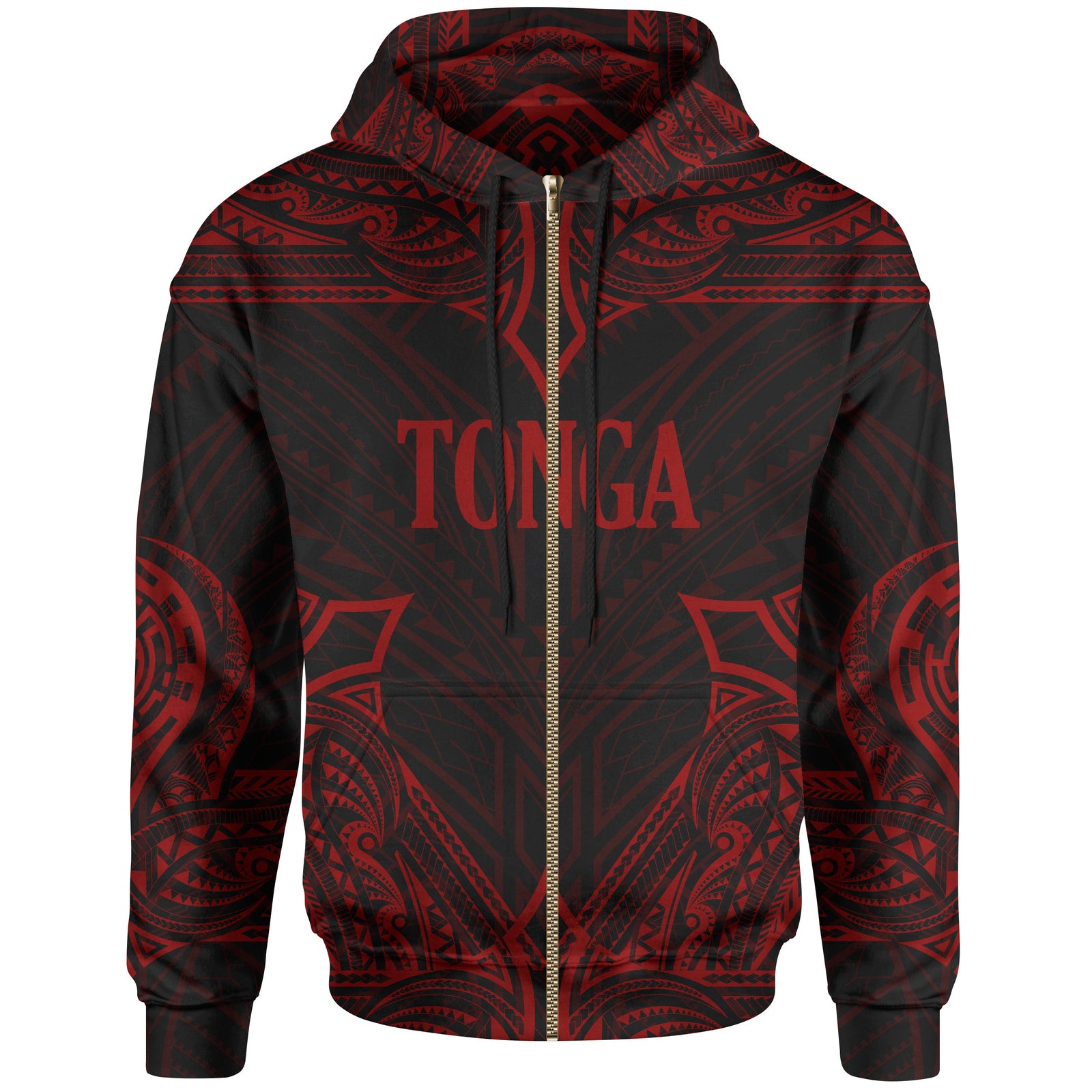 Tonga Zip up Hoodie Coat of Arms With Patterns Red Color Unisex Black - Polynesian Pride
