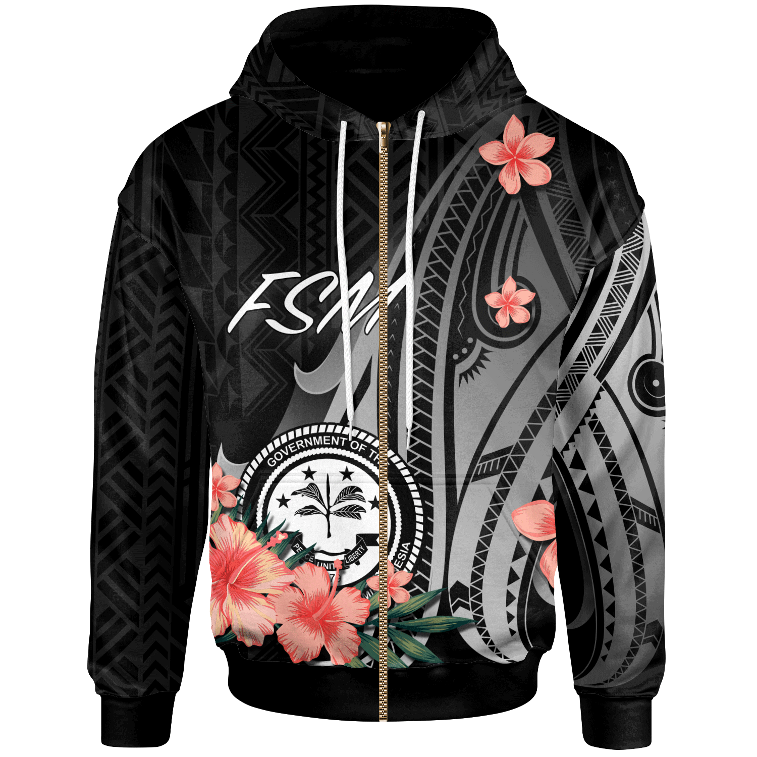 Federated States of Micronesia Zip Hoodie Polynesian Hibiscus Pattern Style Unisex Black - Polynesian Pride