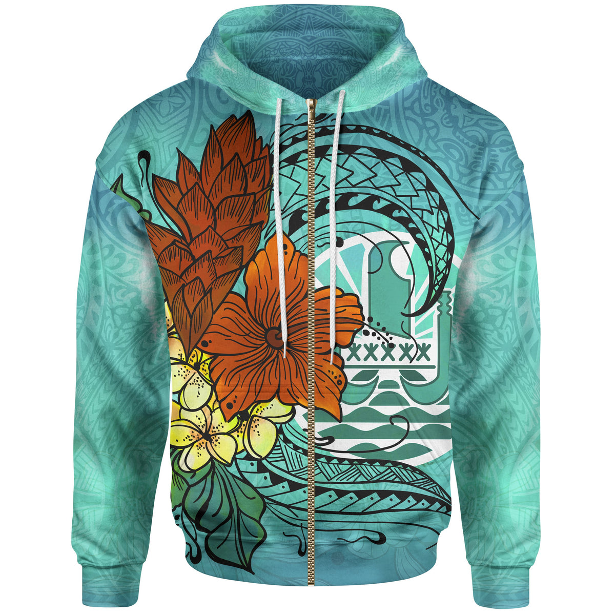 Tahiti Zip Hoodie Tropical Flowers Style Unisex Blue - Polynesian Pride