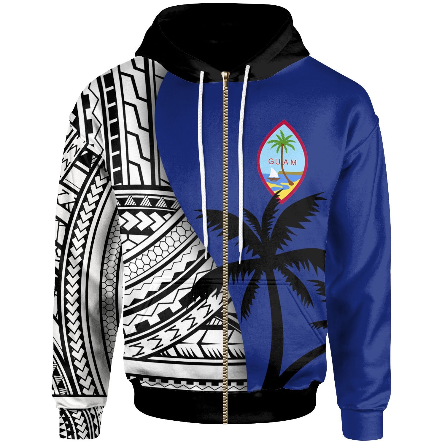 Guam Zip up Hoodie Coat of Arm and Polynesian Patterns Unisex Blue - Polynesian Pride
