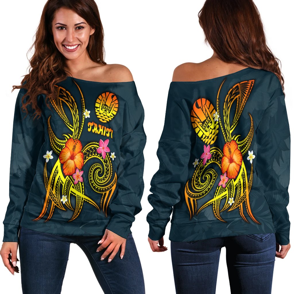 Polynesian Tahiti Women's Off Shoulder Sweater - Legend of Tahiti (Blue) Blue - Polynesian Pride