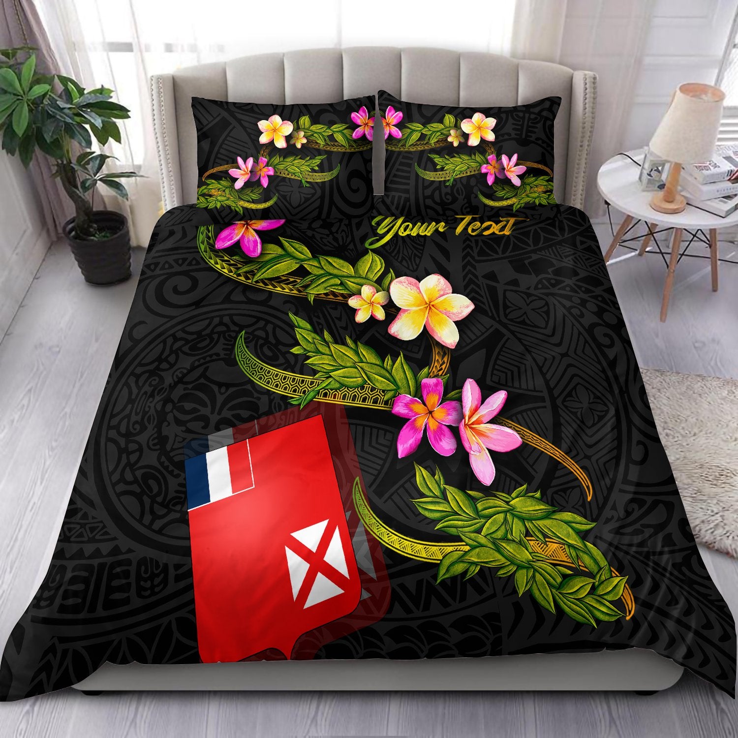 Wallis and Futuna Polynesian Custom Personalised Bedding Set - Plumeria Tribal Black - Polynesian Pride