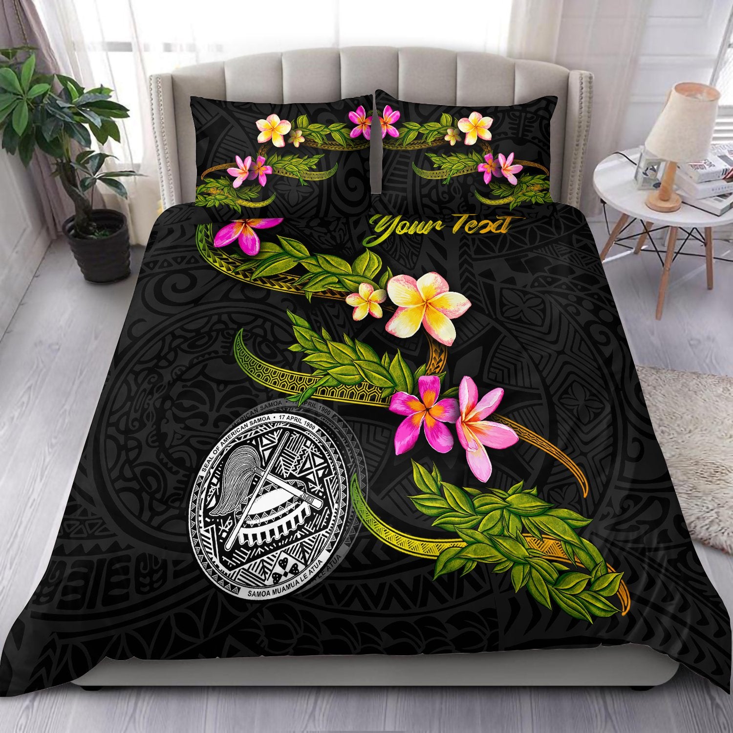 American Samoa Polynesian Custom Personalised Bedding Set - Plumeria Tribal Black - Polynesian Pride