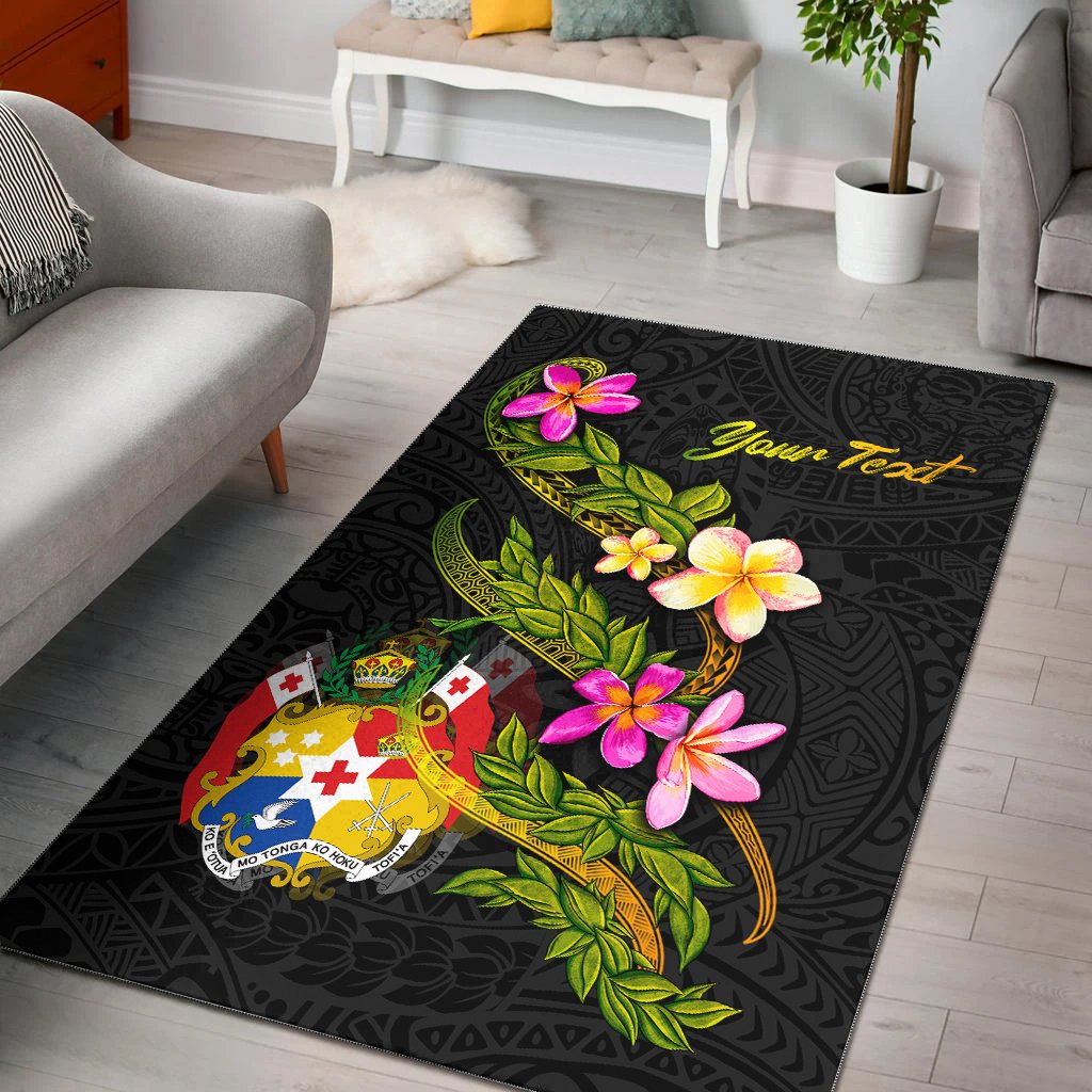 Tonga Polynesian Custom Personalised Area Rug - Plumeria Tribal Black - Polynesian Pride