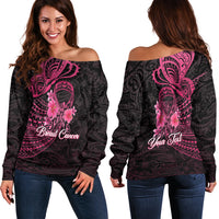 (Custom Personalised) Breast Cancer Pink Ribbon Butterfly Polynesian Black Version Women Off Shoulder Sweater - LT12 Women Off Shoulder Sweater Black - Polynesian Pride