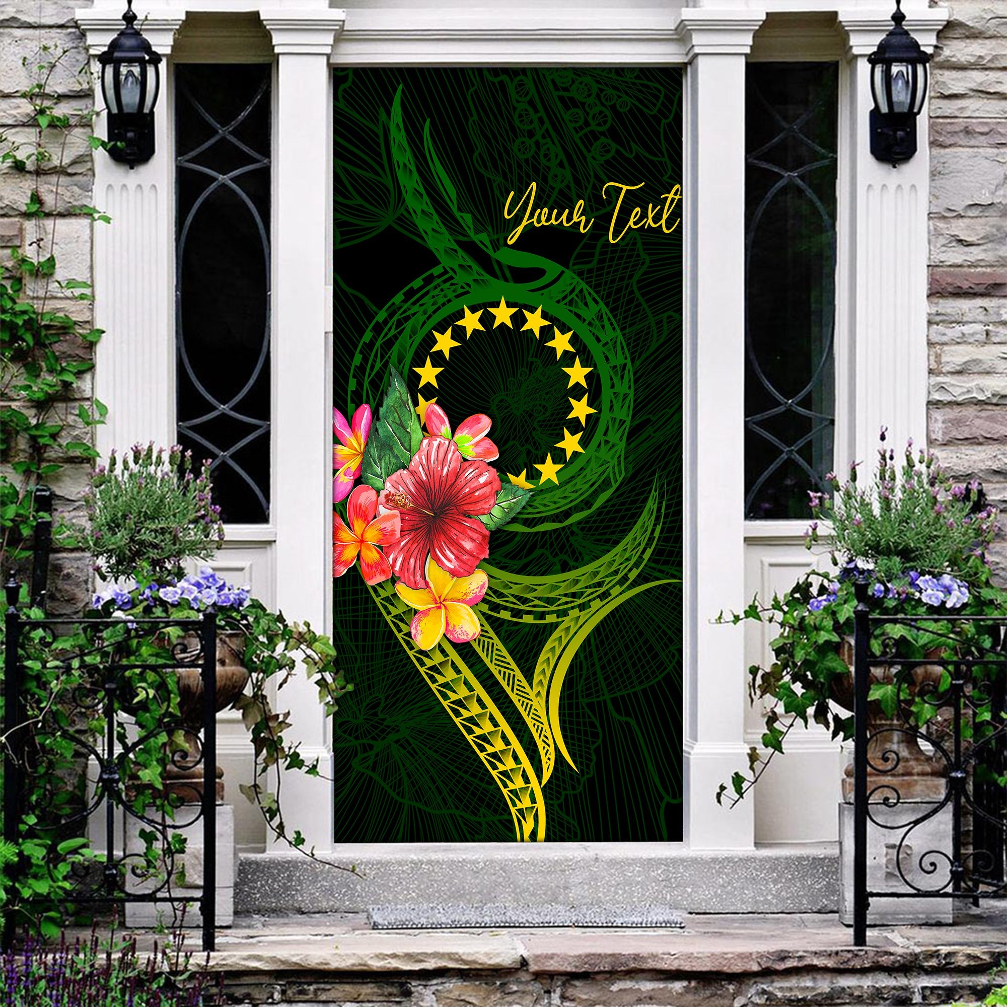 Cook Islands Custom Personalised Polynesian Door Cover - Floral With Seal Flag Color Green - Polynesian Pride