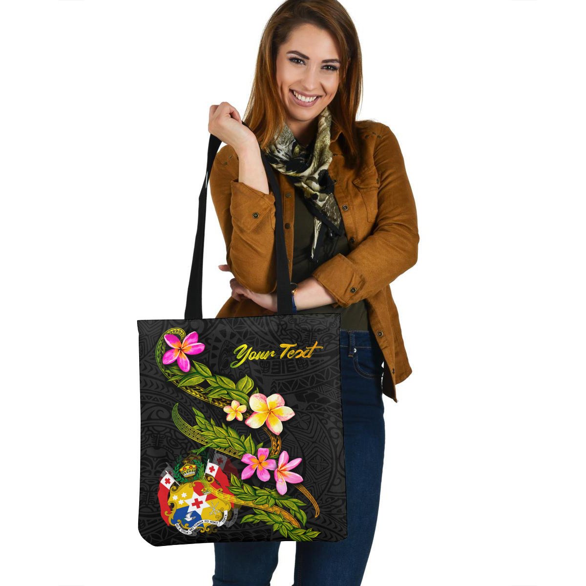 Tonga Polynesian Custom Personalised Tote Bag - Plumeria Tribal Tote Bag One Size Black - Polynesian Pride