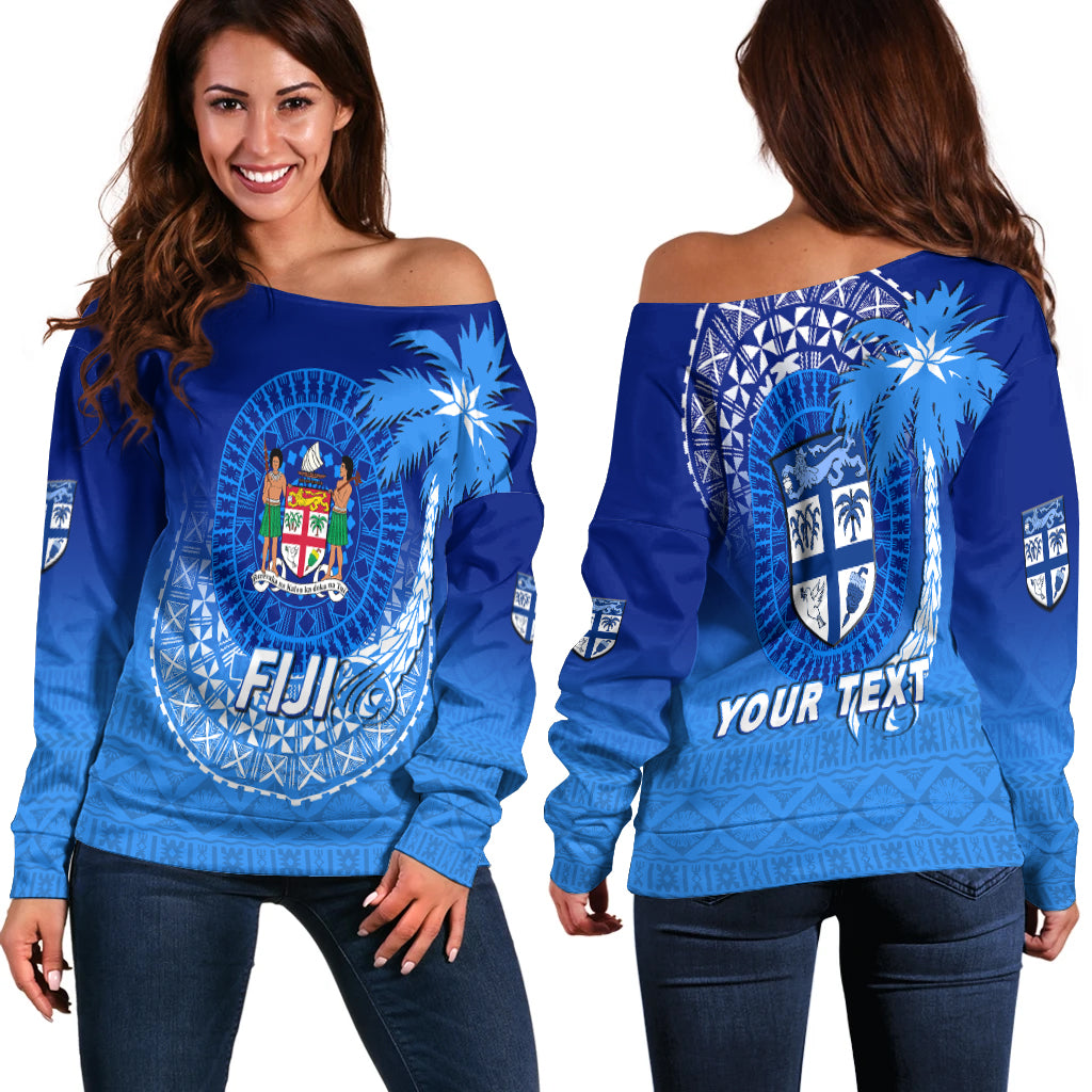 (Custom Personalised) Fiji Tapa Tribal Coconut Tree Women Off Shoulder Sweater - LT12 Women Off Shoulder Sweater Blue - Polynesian Pride