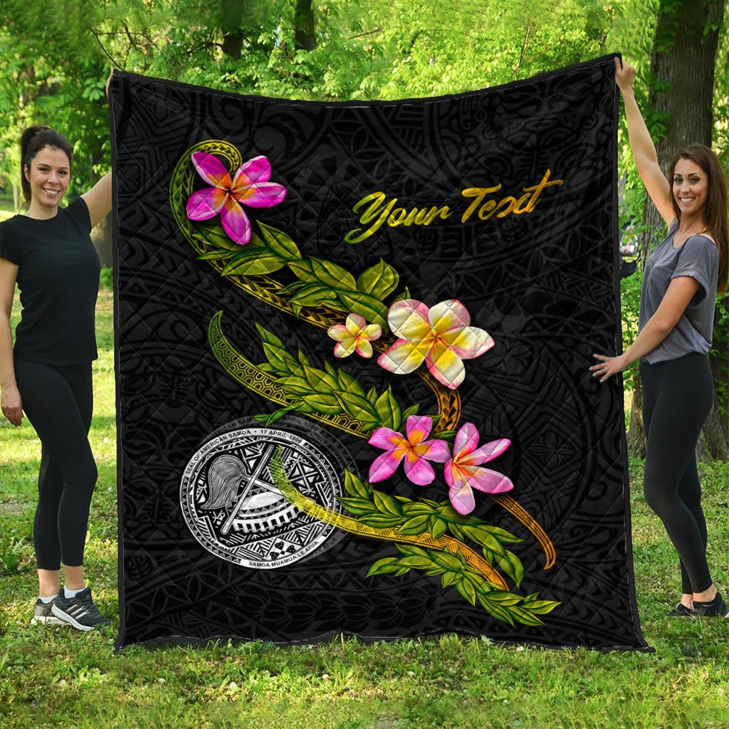 American Samoa Polynesian Custom Personalised Quilt - Plumeria Tribal Black - Polynesian Pride