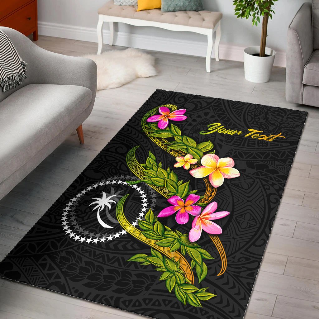 Chuuk Polynesian Custom Personalised Area Rug - Plumeria Tribal Black - Polynesian Pride