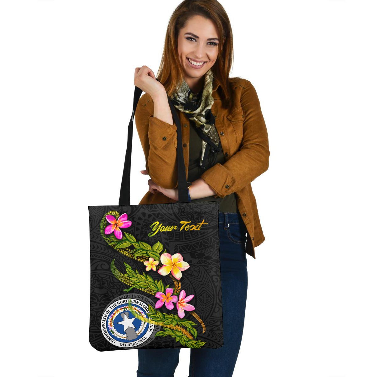 Northern Mariana Islands Polynesian Custom Personalised Tote Bag - Plumeria Tribal Tote Bag One Size Black - Polynesian Pride