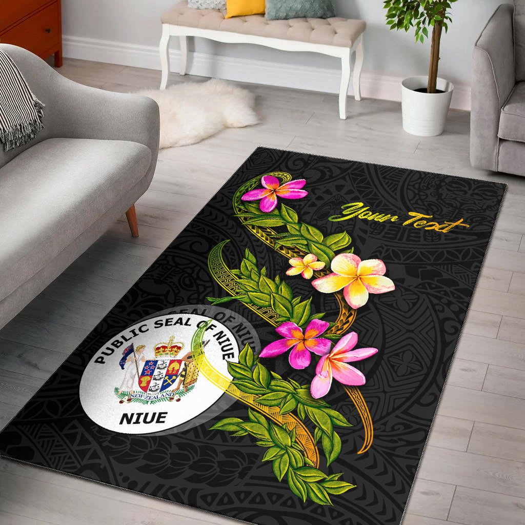 Niue Polynesian Custom Personalised Area Rug - Plumeria Tribal Black - Polynesian Pride