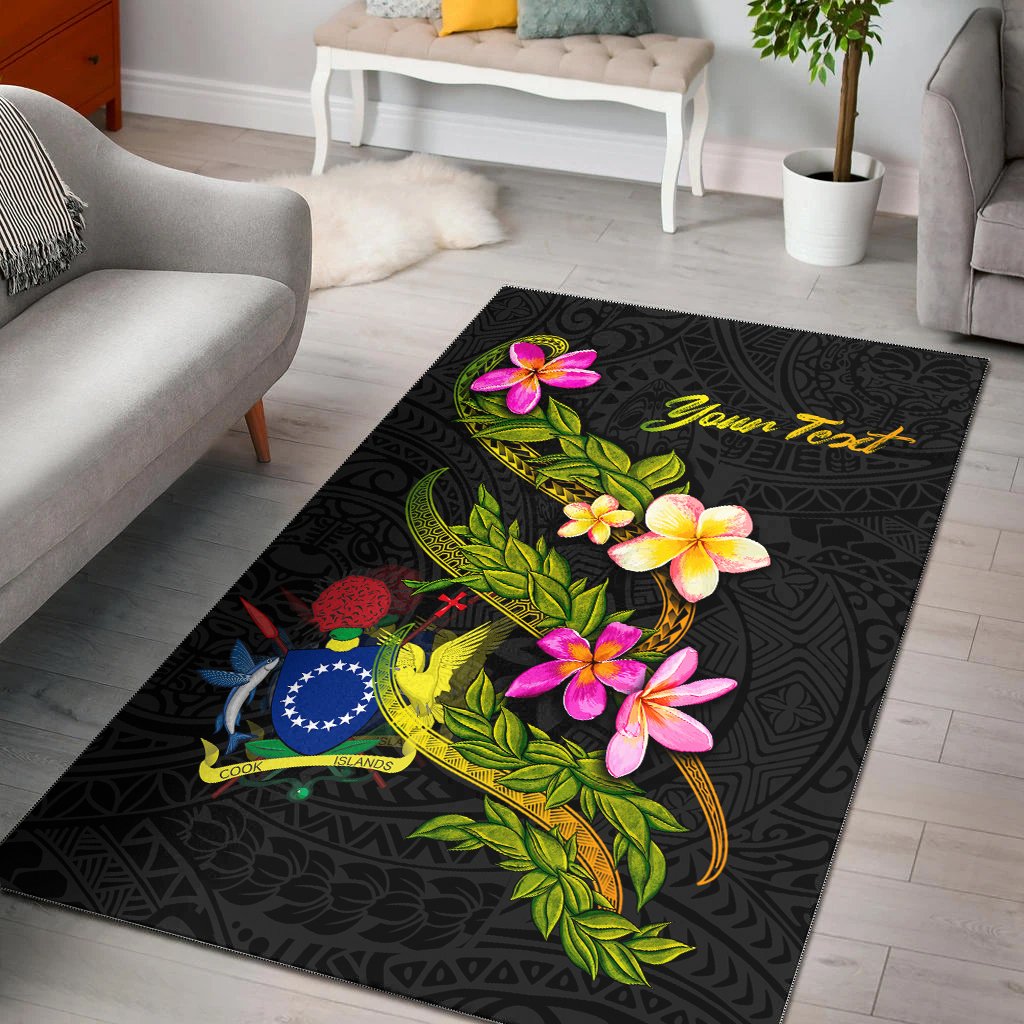 Cook Islands Polynesian Custom Personalised Area Rug - Plumeria Tribal Black - Polynesian Pride