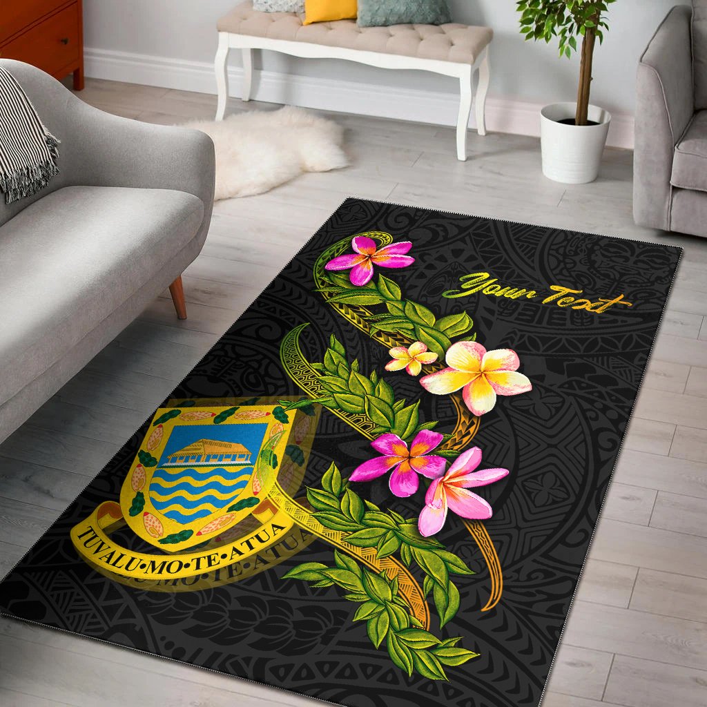 Tuvalu Polynesian Custom Personalised Area Rug - Plumeria Tribal Black - Polynesian Pride