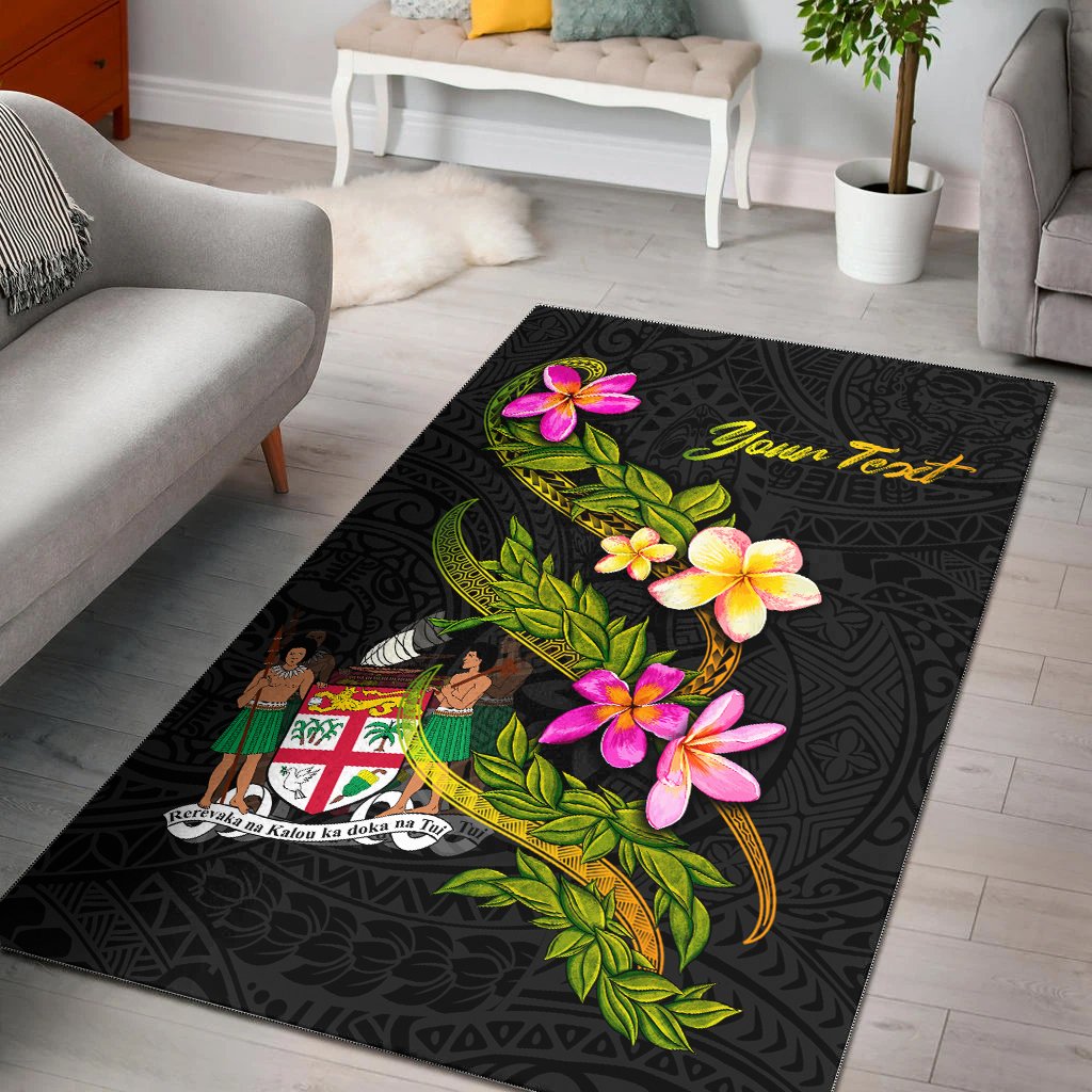 Fiji Polynesian Custom Personalised Area Rug - Plumeria Tribal Black - Polynesian Pride