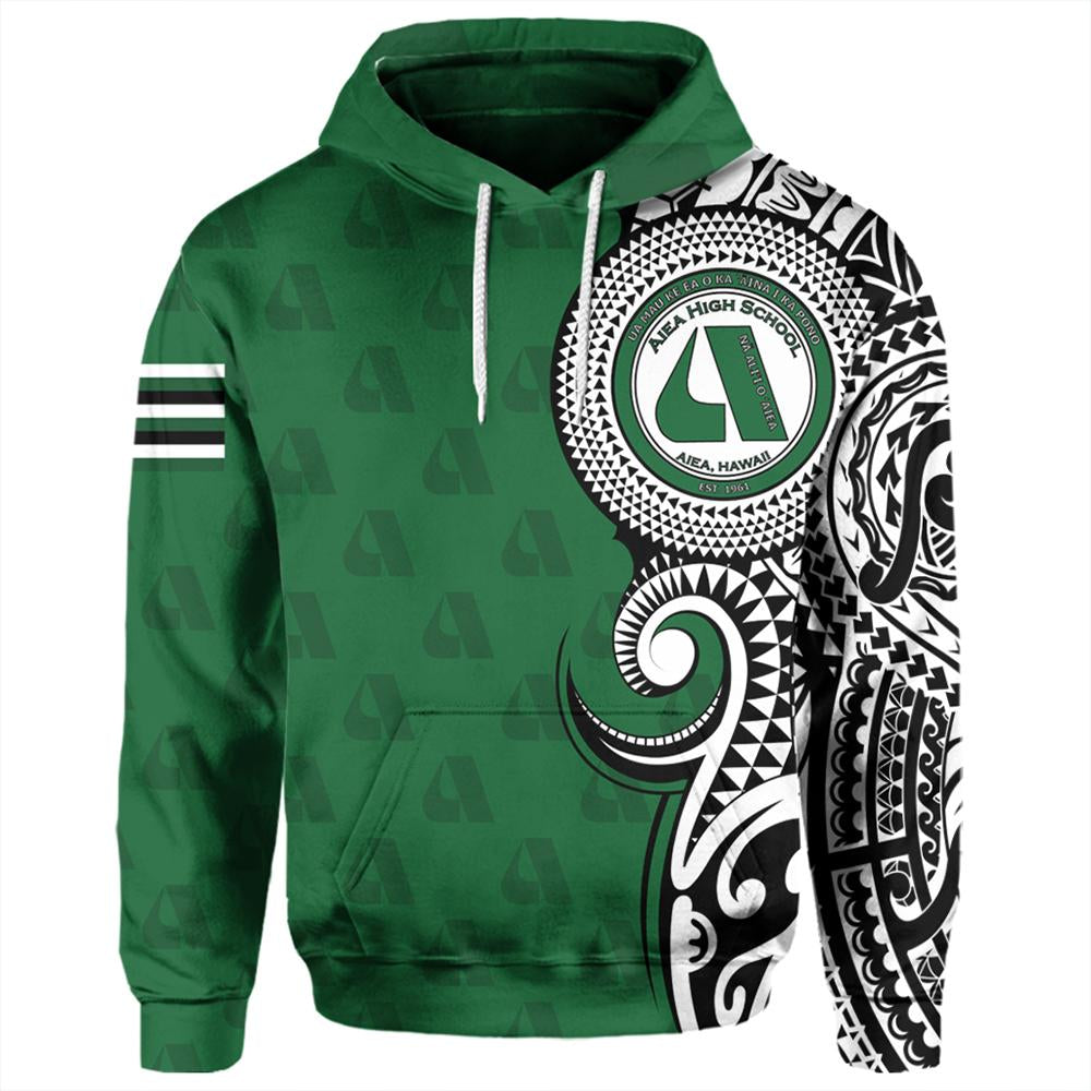 Custom Hawaii Hoodie Aiea High Tribal Kakau Pullover Hoodie Unisex Green - Polynesian Pride