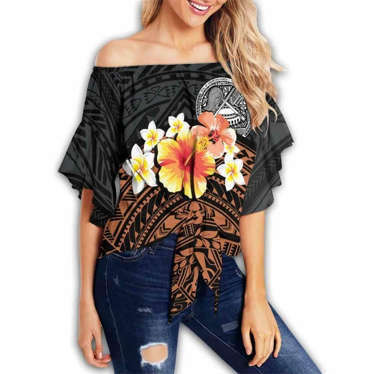 American Samoa Custom Personalised Off Shoulder Wrap Waist Top - Tribal Pattern Hibiscus Female Black - Polynesian Pride