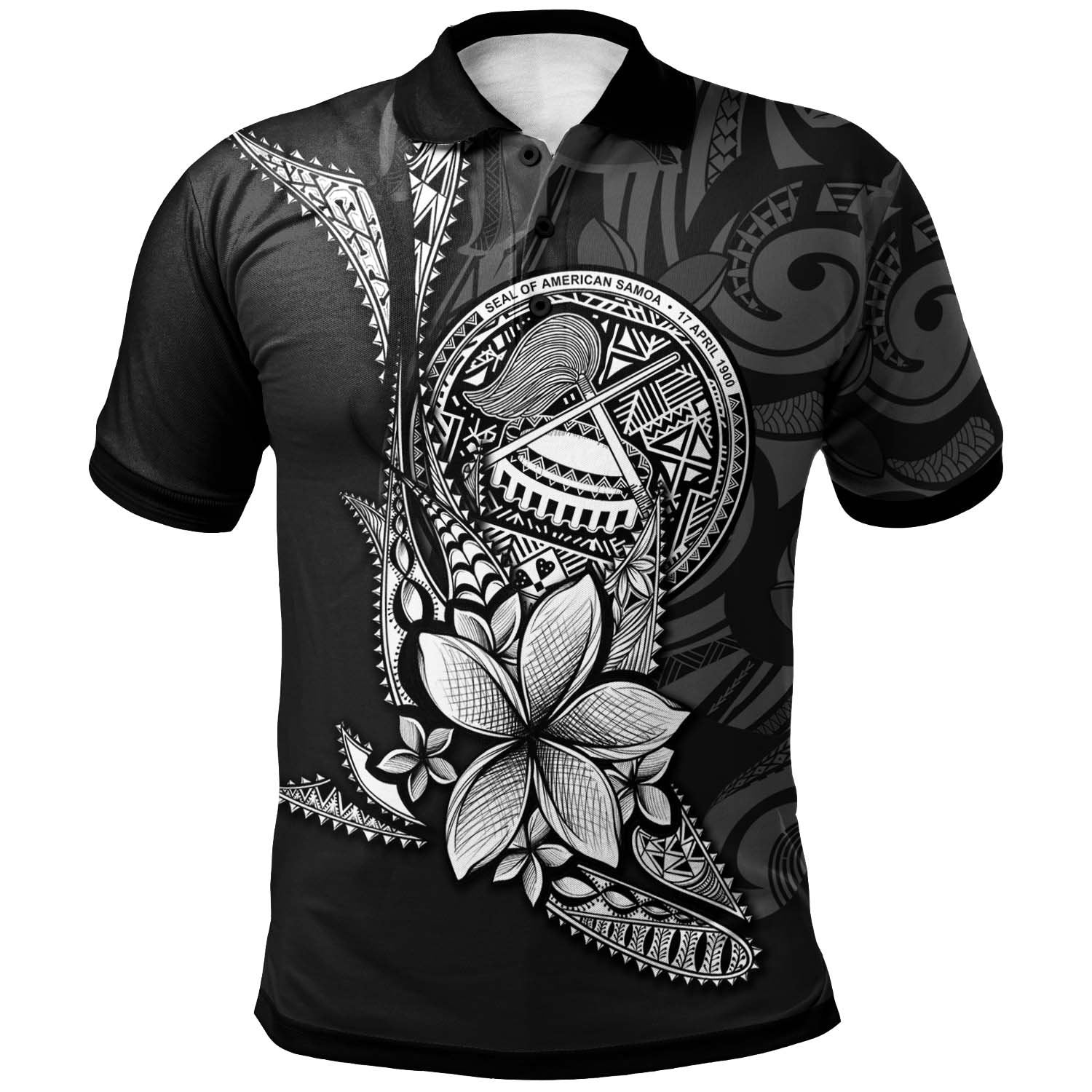 American Samoa Custom Polo Shirt Fish With Plumeria Flowers Style Unisex Black - Polynesian Pride