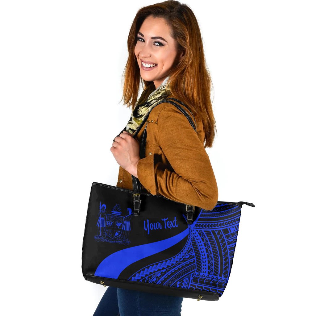 Fiji Custom Personalised Large Leather Tote Bag - Blue Polynesian Tentacle Tribal Pattern Crest Blue - Polynesian Pride