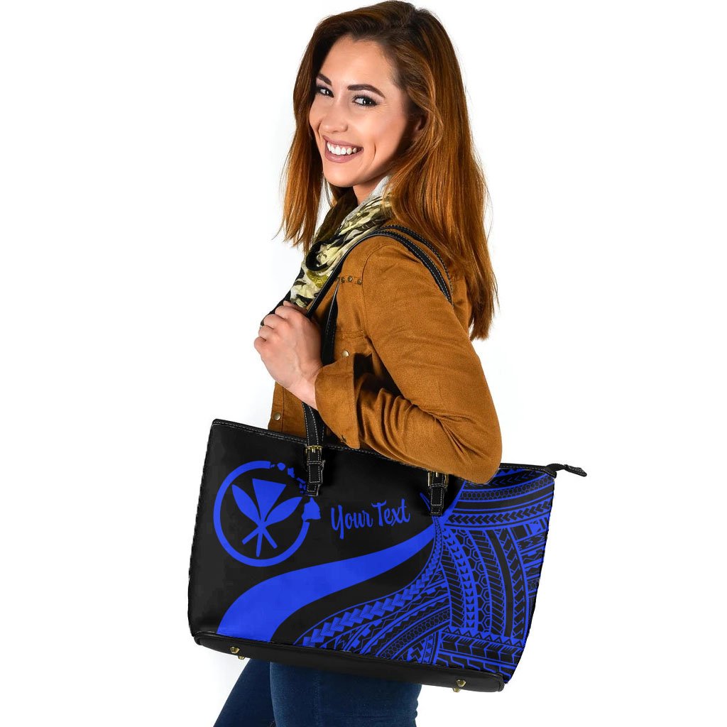 Hawaii Custom Personalised Large Leather Tote Bag - Blue Polynesian Tentacle Tribal Pattern Blue - Polynesian Pride