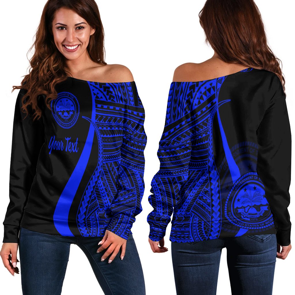 Federated States of Micronesia Custom Personalised Women's Off Shoulder Sweater - Blue Polynesian Tentacle Tribal Pattern Blue - Polynesian Pride