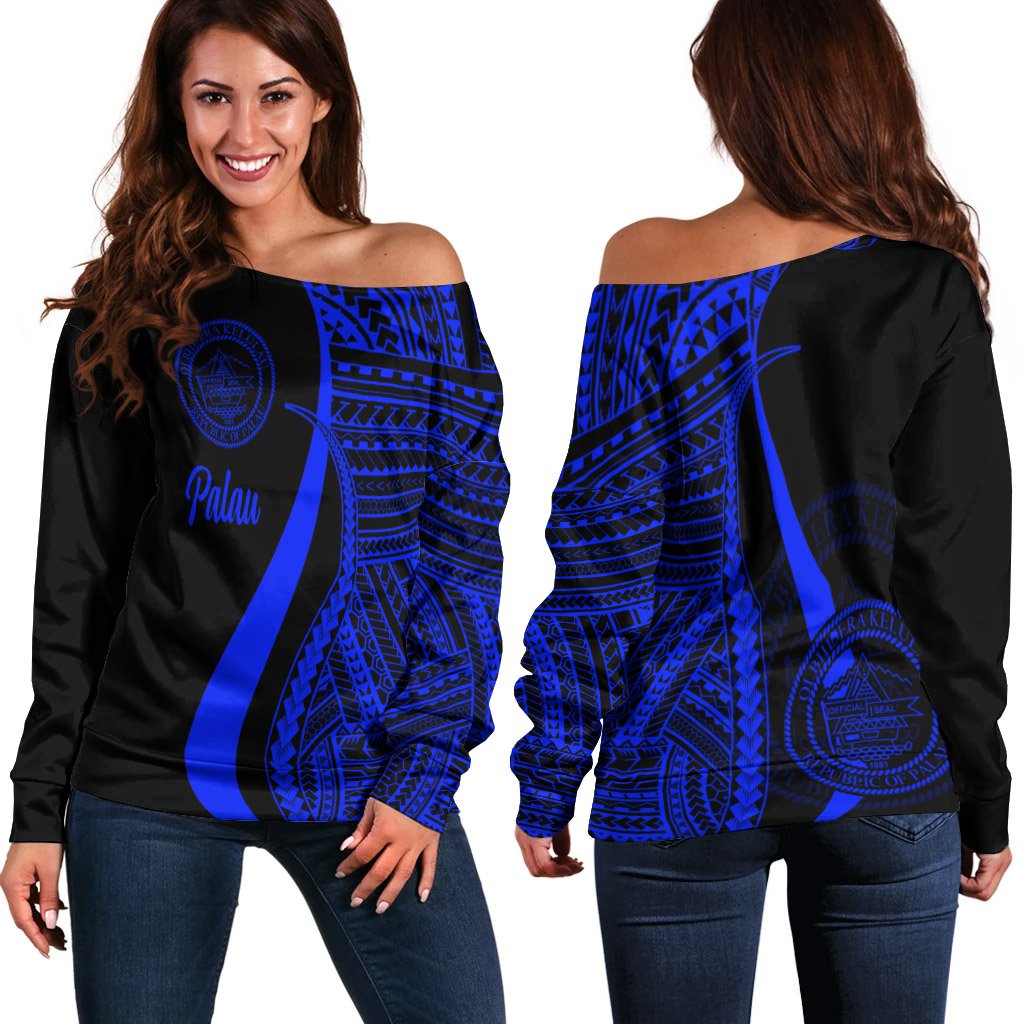 Palau Women's Off Shoulder Sweater - Blue Polynesian Tentacle Tribal Pattern Crest Blue - Polynesian Pride