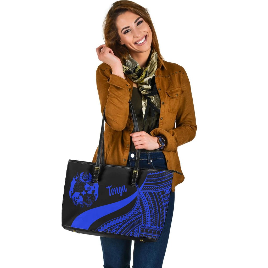 Tonga Large Leather Tote Bag - Blue Polynesian Tentacle Tribal Pattern - Polynesian Pride