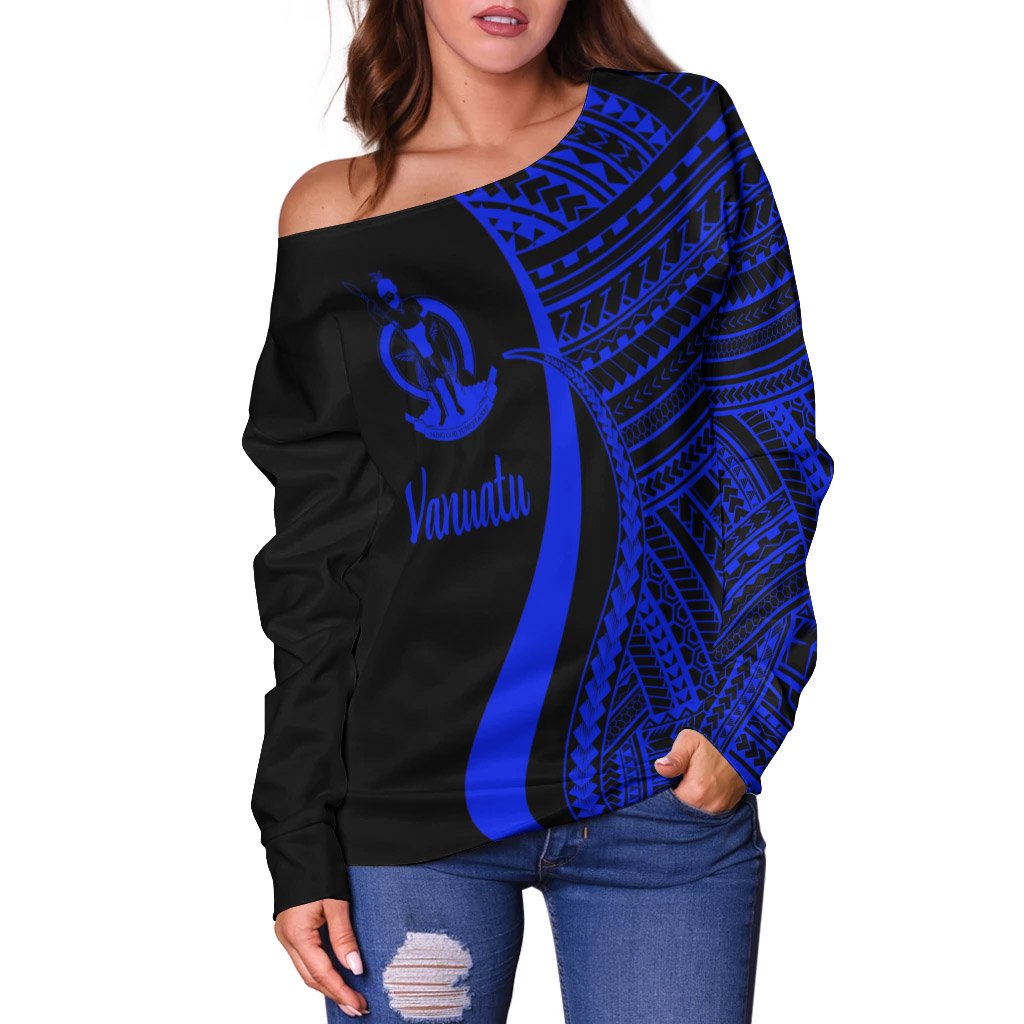 Vanuatu Women's Off Shoulder Sweater - Blue Polynesian Tentacle Tribal Pattern - Polynesian Pride
