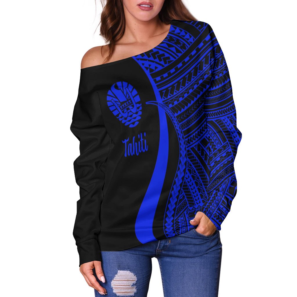 Tahiti Women's Off Shoulder Sweater - Blue Polynesian Tentacle Tribal Pattern - Polynesian Pride