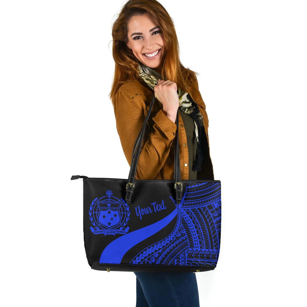 Samoa Custom Personalised Large Leather Tote Bag - Blue Polynesian Tentacle Tribal Pattern - Polynesian Pride