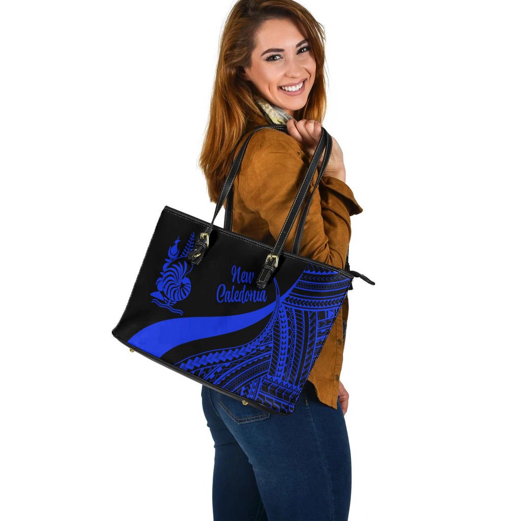 New Caledonia Large Leather Tote Bag - Blue Polynesian Tentacle Tribal Pattern Crest - Polynesian Pride
