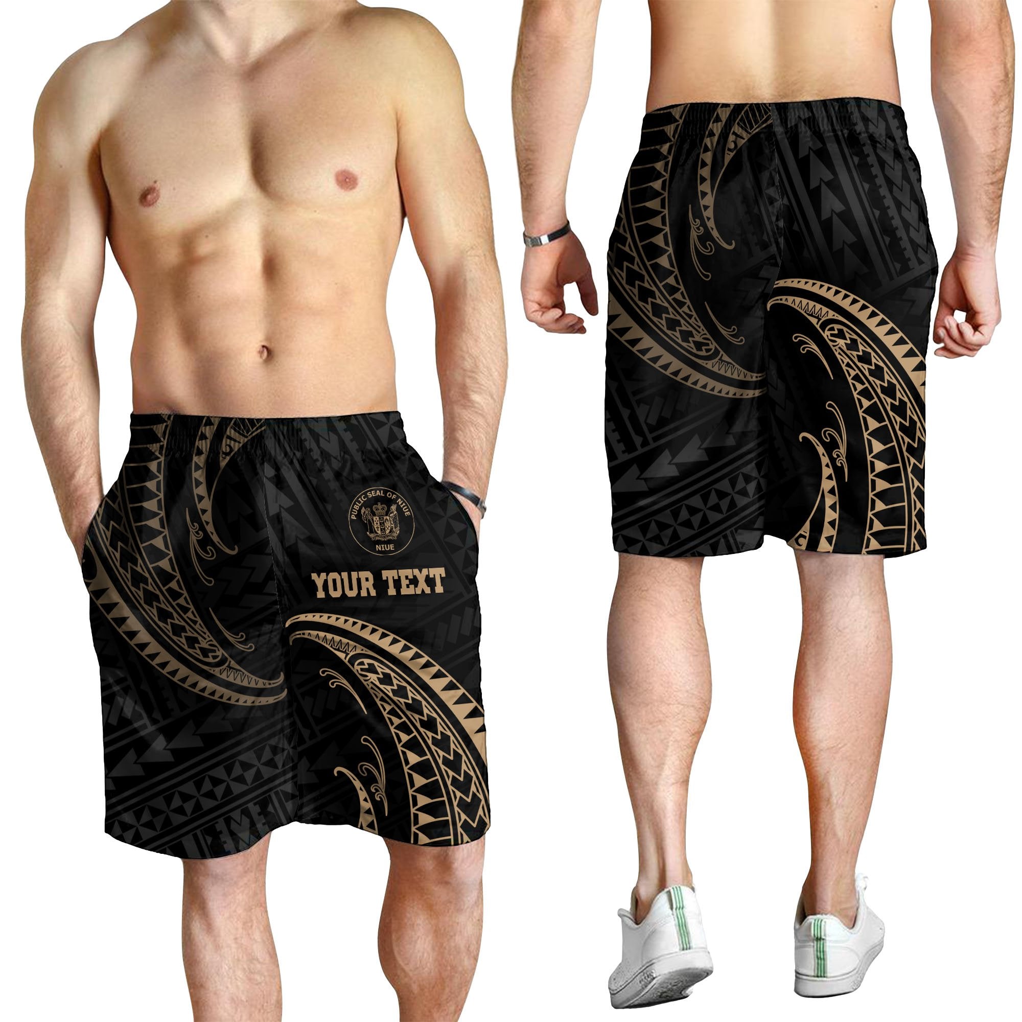 Nuie Polynesian Custom Personalised Men's Short - Gold Tribal Wave - Polynesian Pride