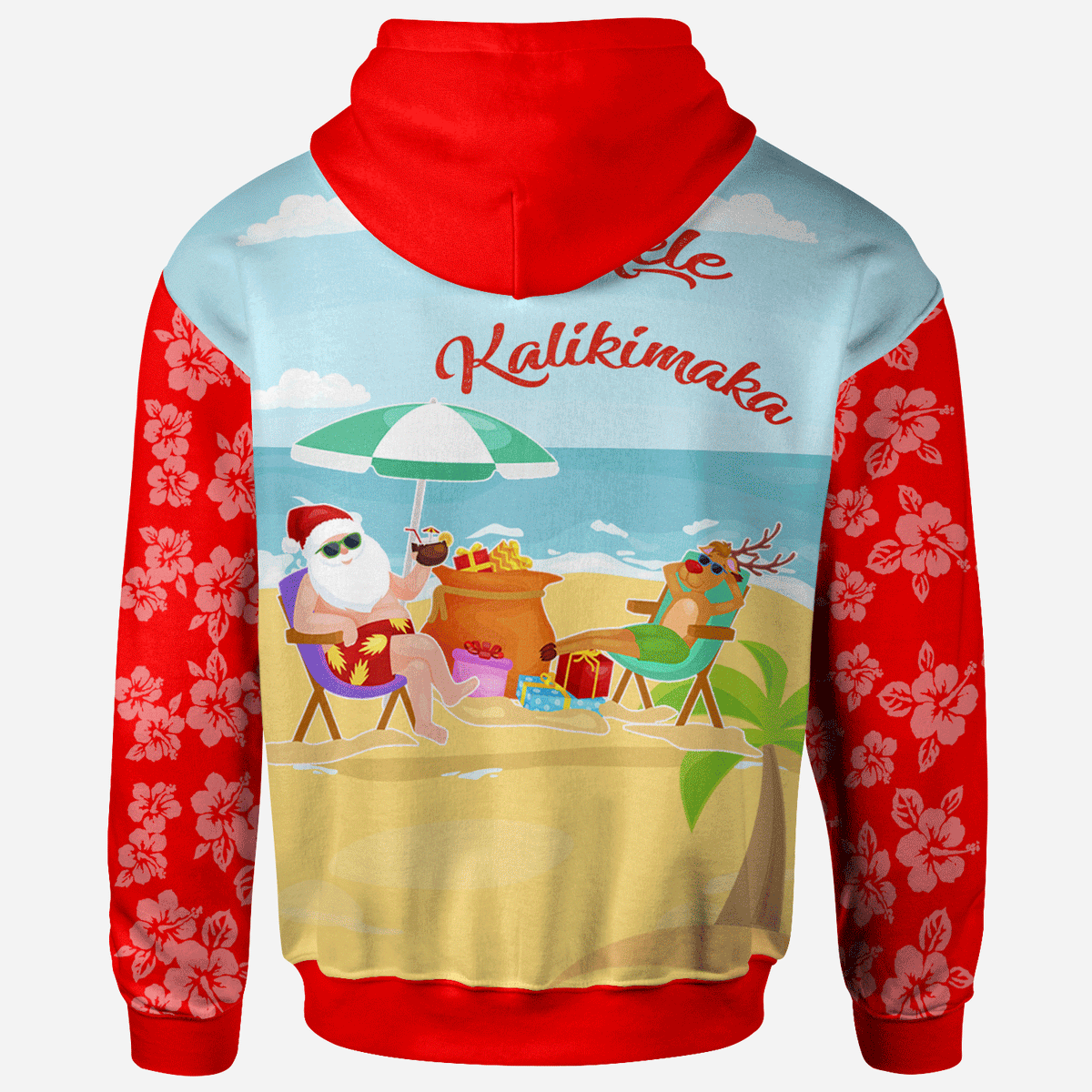 Mele Kalikimaka Zip Hoodie Santa Claus and Reindeer On The Beach Red Color - Polynesian Pride