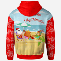 Mele Kalikimaka Zip Hoodie Santa Claus and Reindeer On The Beach Red Color - Polynesian Pride